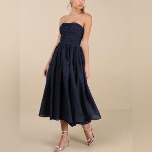 Lulus Analeia Dark Navy Jacquard Lace-Up Strapless Midi Dress Size S